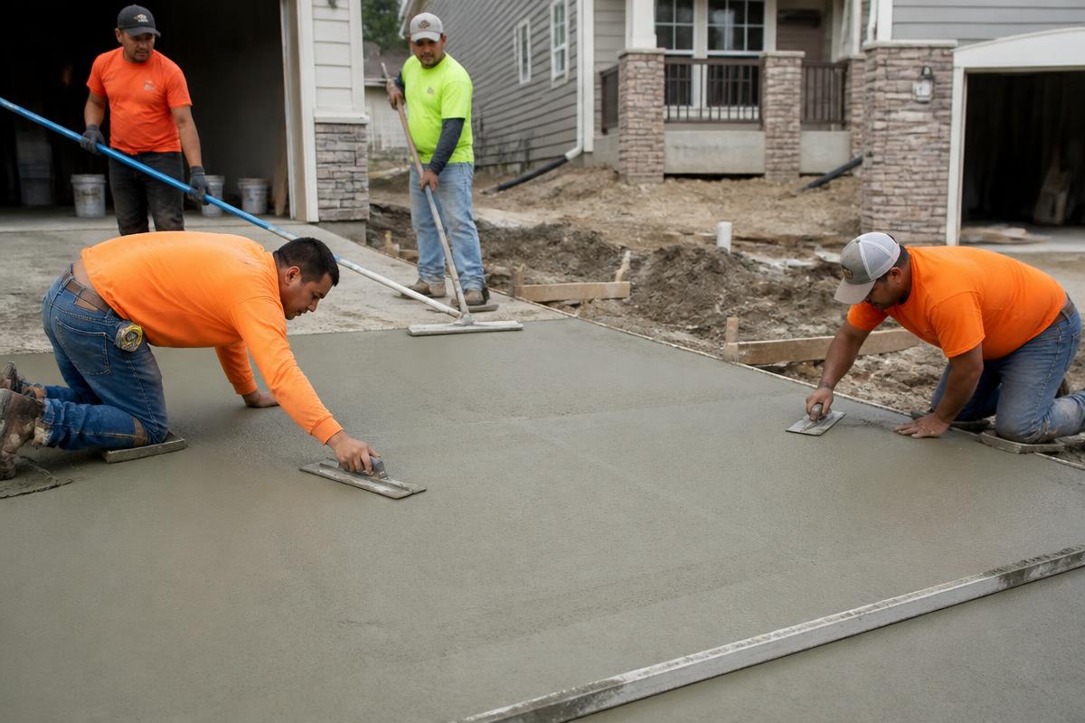 Concrete crew finishing a new driveway slab
