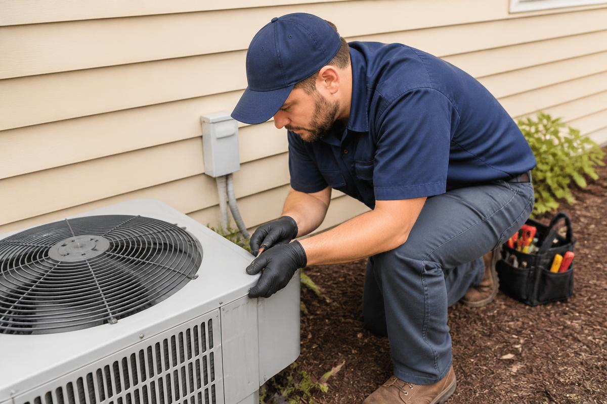 HVAC technician servicing an outdoor AC unit