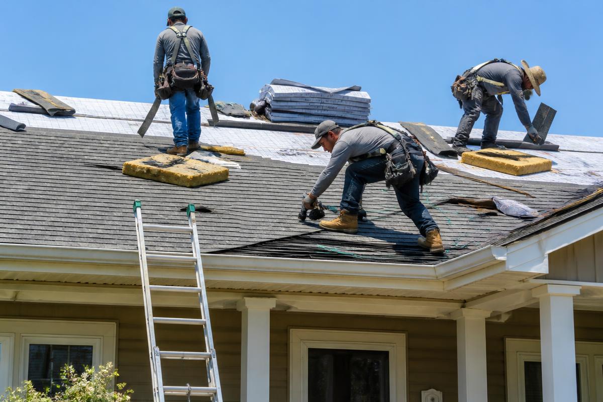 Roofing crew replacing shingles on a house